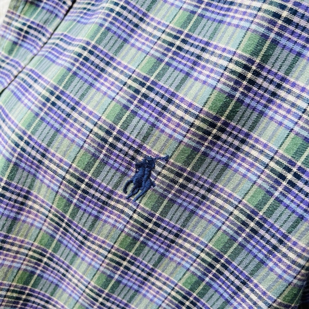 Upcycled Dark Academia Ralph Lauren Slim Fit Purple Green Plaid Ruffle Collar XL - Picture 5 of 10